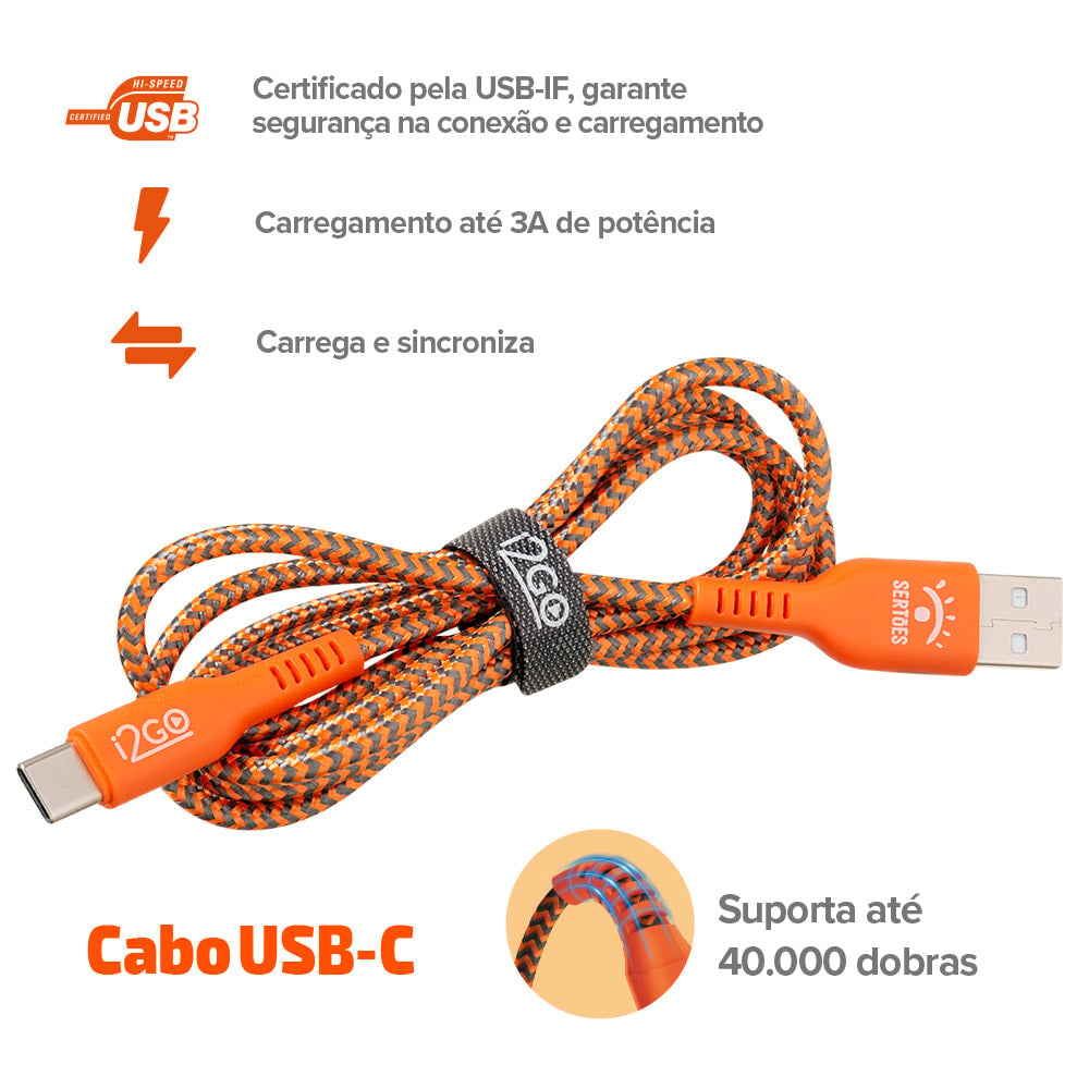 Cabo USB-A para USB-C 1,2m trançado i2GO