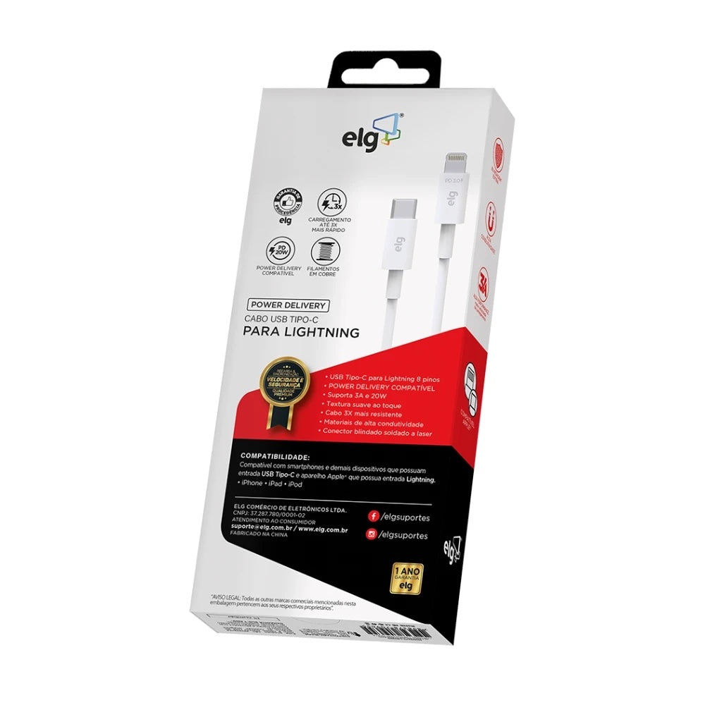 Cabo USB-C para Lightning ELG L810PD 1m — embalagem verso com especificações