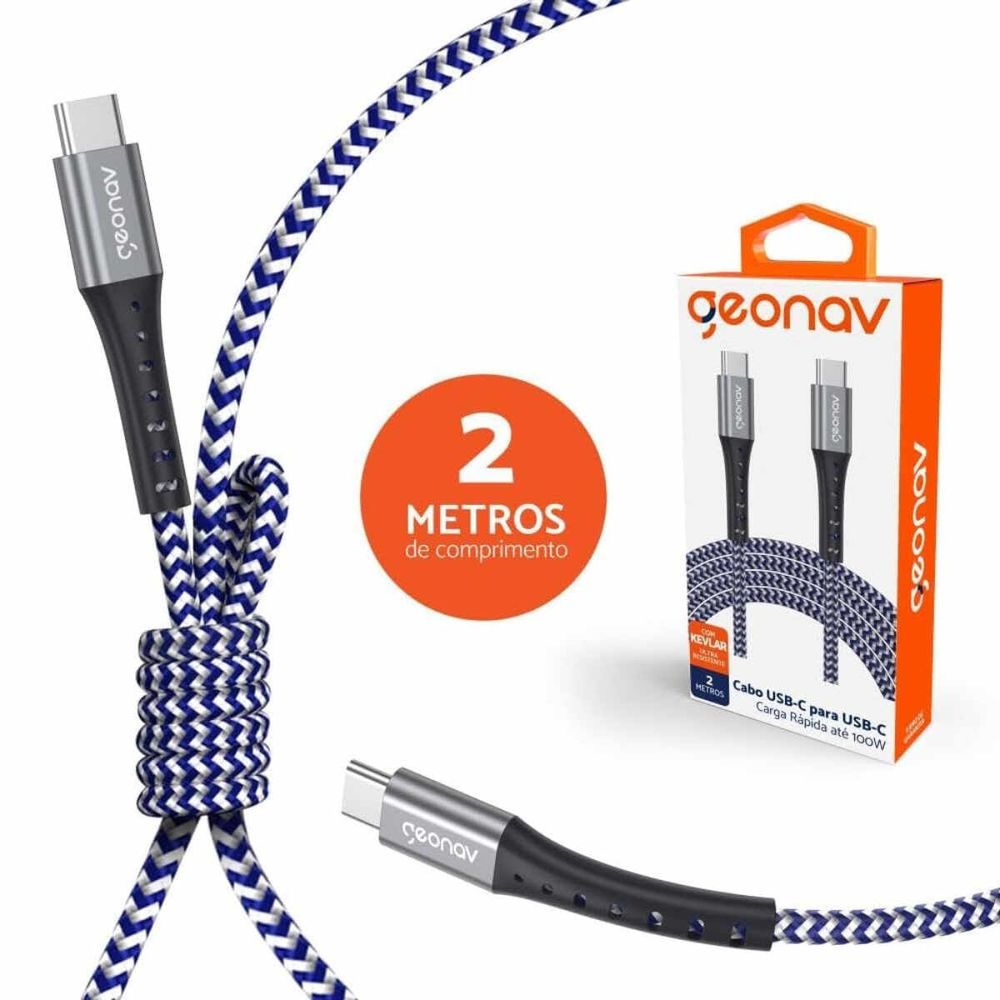 Cabo USB-C para USB-C 2m Geonav UCC05K nylon trançado