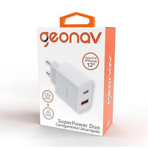 Carregador de parede Geonav 20W com saída USB-C Power Delivery e USB-A branco